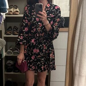 Free People Floral Black Pink Shirred Waist Mini Dress XS